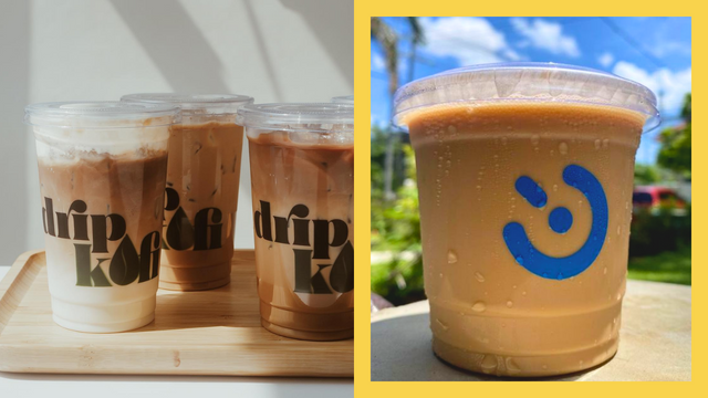 left: drip coffee spanish latte, right: dot coffee spanish latte