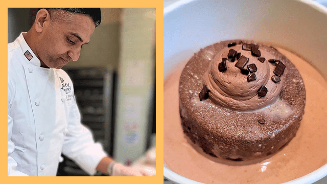 left: M Bakery's Chef Kiran Shetty. Right: M Bakery's Chocolate Tres Leches