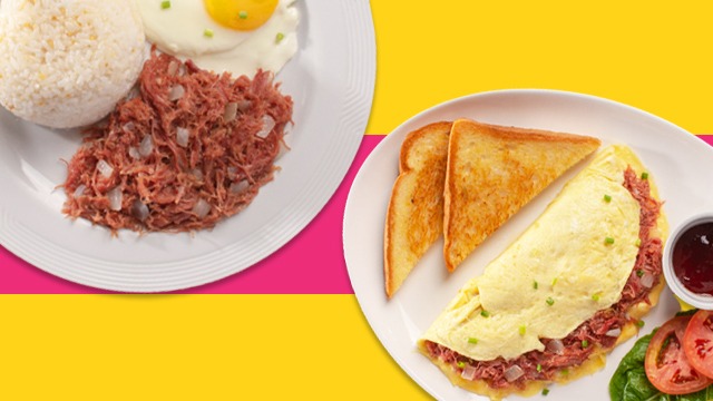corned beef meals with rice or as omelet from pancake house