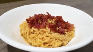 carbonara style pancit canton with bacon bits