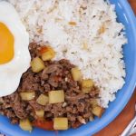 ground pork or giniling na baboy with potatoes, rice, and fried egg