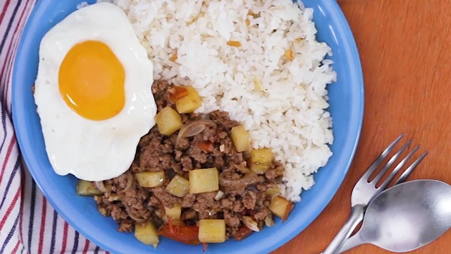 ground pork or giniling na baboy with potatoes, rice, and fried egg
