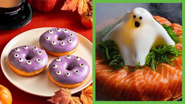 halloween treats doughnuts and salmon sashimi plate