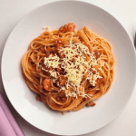 sweet filipino spaghetti in a white plate