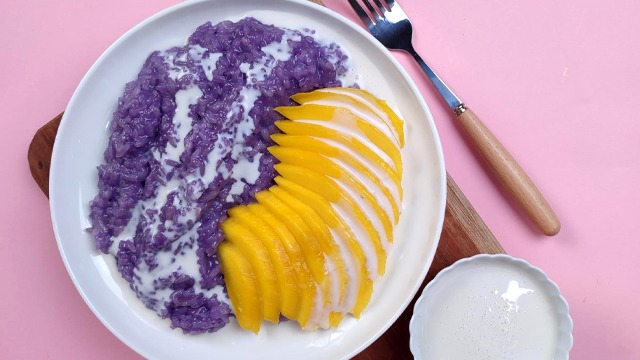 ube flavored sticky rice with coconut sauce