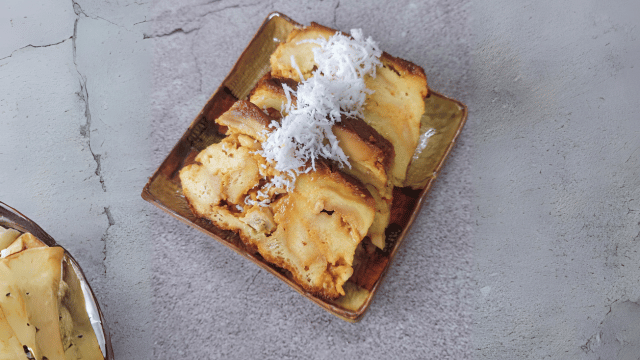 bibingka bread pudding slices with niyog or grated coconut