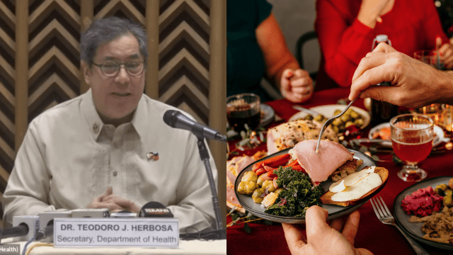 left: DOH secretary Teodoro Herbosa at the media forum for guidelines for safe and healthy holiday celebrations. right: christmas food