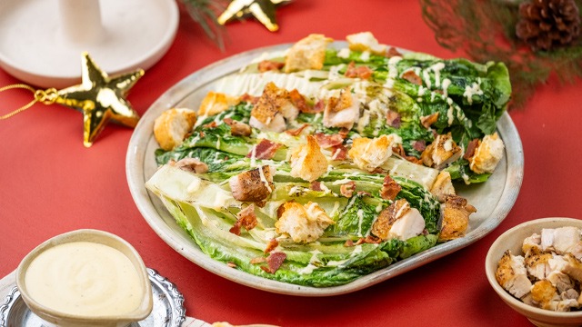grilled caesar salad with grilled chicken and croutons
