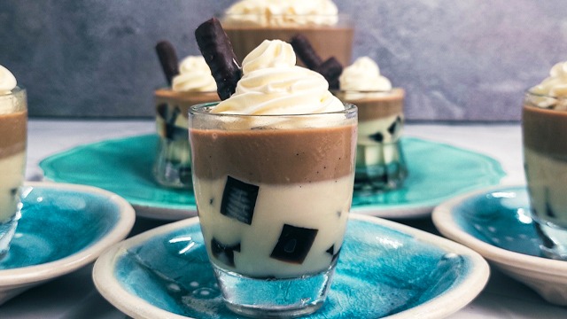 white chocolate and mocha panna cotta with coffee jelly close up